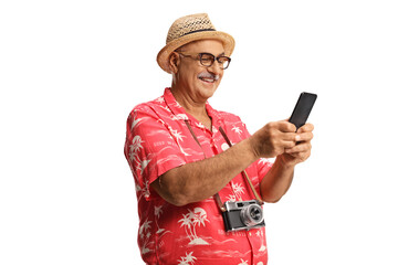 Happy male tourist holding a smartphone and smiling