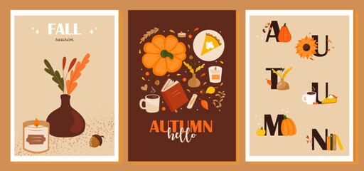 A set of autumn illustrations depicting autumn objects, leaves, and home comforts. Vector design of postcard, poster, banner, flyer, web and other uses