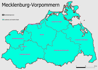 Karte Administrative Gliederung Bundesland Mecklenburg-Vorpommern Landkreise und kreisfreie Städte