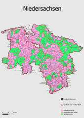 Karte Administrative Gliederung Bundesland Niedersachsen Einheitsgemeinde, Verwaltunsgemeinschaft, Verwaltungsverband