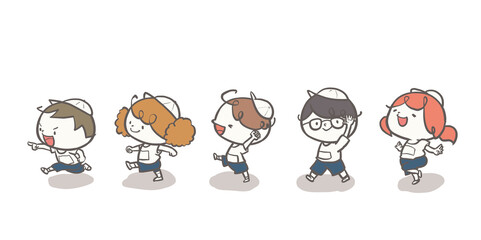 体育で並んで行進する赤白帽をかぶったこどもたち　白組