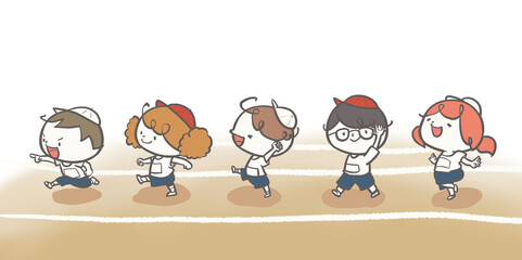 運動場で　並んで行進する赤白帽をかぶったこどもたち