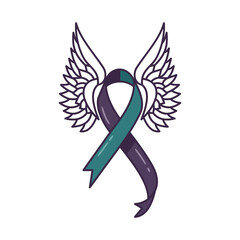 Teal purple ribbon for suicide prevention awareness with wings. Flat style illustration. Isolated.
