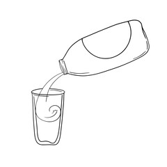 Plastic bottle with a drink, pour milk into a glass vessel, copy space, vector monochrome cartoon