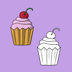 Set of picture, delicious cupcake with delicate cream and cherry berry, vector cartoon
