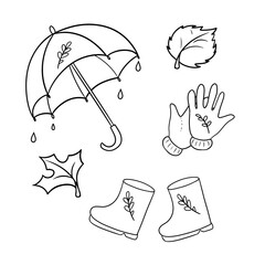 Monochrome icon set, autumn walk in the rain, vector cartoon