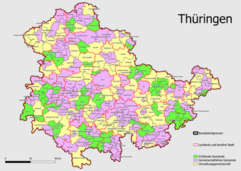 Karte Administrative Gliederung Bundesland Thüringen Einheitsgemeinde, Verwaltunsgemeinschaft, Verwaltungsverband.
