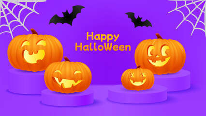 Happy Halloween purple banner, template or party invitation background with jack o lantern face cute pumpkins, spiderweb, gossamer and bats on podium scene. 3d vector illustration realistic pumpkin. 