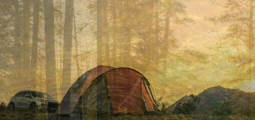 camping in forest. double exposure photo