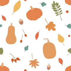 Vector autumn natural seamless pattern with fall leaves, pumpkins, berries and acorns
