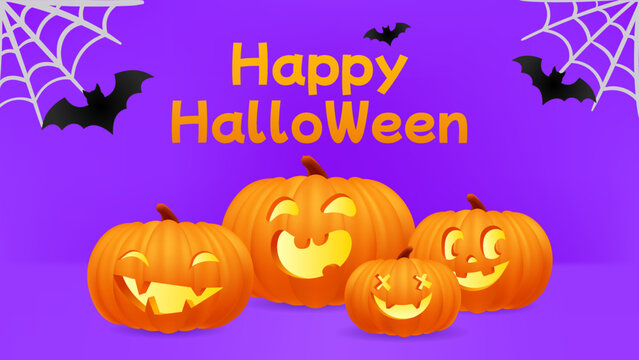 Happy Halloween purple banner, template or party invitation background with jack o lantern face cute pumpkins, spiderweb, gossamer and bats on table scene. 3d vector illustration realistic pumpkin. 