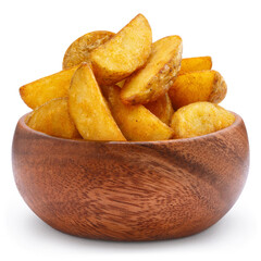 Tasty fried potato wedges in wooden bowl, isolated on white background