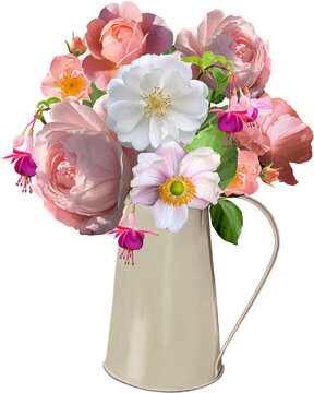 Flowers, bouquet decoration in jug. Hand drawn beautiful floral arrangement. Pink, purple, white.