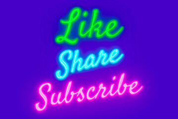 Like, Share, Subscribe neon banner on a blue background, light signboard.