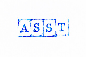 Blue color ink rubber stamp in word ASST (abbreviation of assistant) on white paper background
