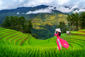 Asian woman wearing Vietnam culture traditional in Rice terrace at Mu cang chai, Vietnam.