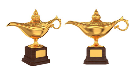 Set of golden trophies magic lamp on a white background, 3d render