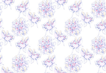 Seamless pattern of painted peonies. Faded pastel pinks, yellows, blues.