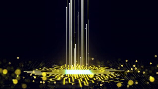 Digital data flowing on microchip with glow circuit board background, Motion graphic. line speed topside movement of the digital circuit.