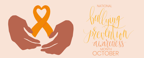 National Bullying Prevention Month October web banner. Orange support and awareness ribbon symbol. Vector illustration