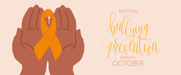 National Bullying Prevention Month October web banner. Orange support and awareness ribbon symbol. Vector illustration