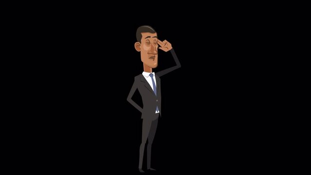 Cartoon black african businessman character shoots finger gun at head gesture animation with alpha channel