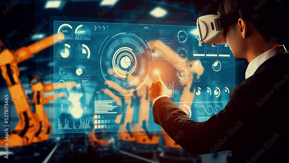 Poster engineer use cybernated robotic software to control industry robot arm in factory . automation manuf