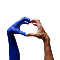 Blue monster hands isolated on white background. paint color, heart shape.