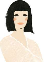 Portrait of a woman, black hair, in white lace wrap. Hand drawn illustration. Elegant face, subtle calm smile, rosy cheeks.