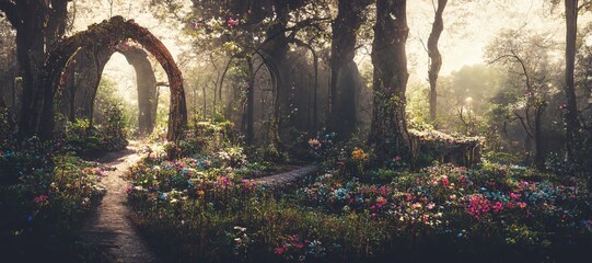 Spectacular archway covered with vine in the middle of fantasy fairy tale forest landscape, misty on spring time. Digital art 3D illustration. © InfiniteFlow