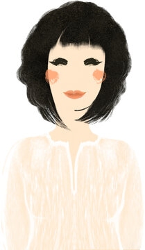 Portrait of a woman with dark hair in white lace top. Hand drawn illustration character. Calm face, subtle smile, rosy cheeks.