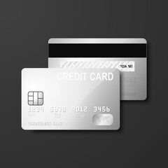 Vector 3d Realistic Gray Silver Blank Credit Card Isolated. Design Template of Plastic Credit or Debit Card for Mockup, Branding. Credit Card Payment Concept. Front and Back Side