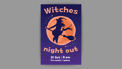 Halloween party invitation, witches night out, witch poster, orange purple background, witch silhouette 