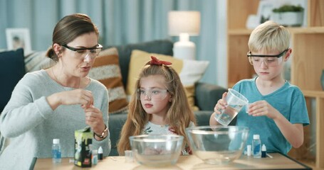 Family, science and experiment learning with home school and creative project in living room. Learning, knowledge and education with mother and children students doing chemistry research development - Powered by Adobe