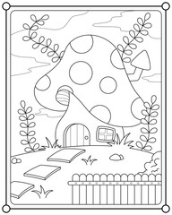 Fairy mushroom house suitable for children's coloring page vector illustration