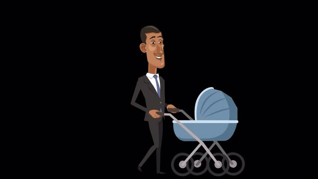 Cartoon black african businessman character walking with baby pram animation with alpha channel