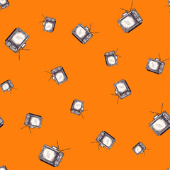 Retro TV with antenna engraved seamless pattern. Vintage television in hand drawn style.