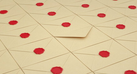 Open beige envelope among many envelopes with red seals, 3d render