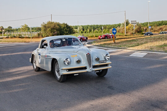 vintage Italian sports car Alfa Romeo 6C 2500 SS Coupe Touring (1949) in classic car race Mille Miglia, in Forlimpopoli, FC, Italy, on June 16, 2022