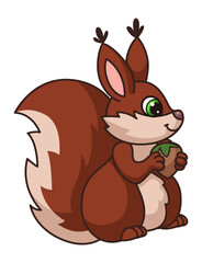 Cute squirrel. Cartoon bun with Walnut in Paves
