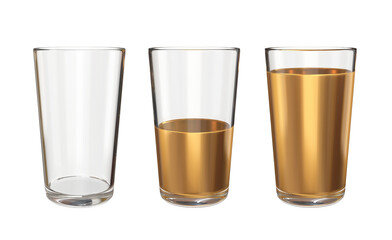 Set of glass glasses empty, half and full of golden liquid, 3d render