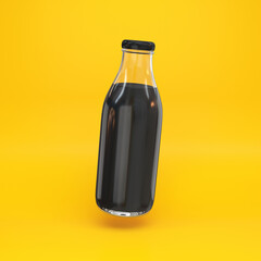 Glass bottle with black liquid floating on a yellow background, 3d render