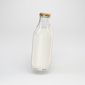 Glass bottle with milk floating on a gray background, 3d render