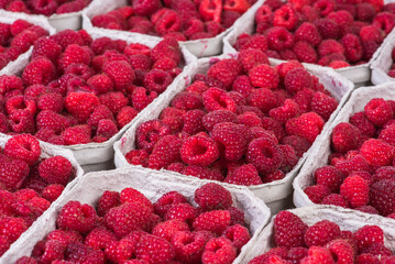 Raspberries in cardboard box on stall of food market