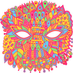 Mardi Gras fantasy mask - outline isolated element. Doodle line artwork. Colorful psychedelic boho art. Vector illustration