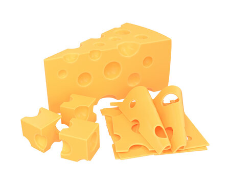 Set of cheese pieces, slices and cubes of yellow color, 3d render