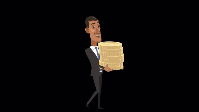 Cartoon black african businessman character walking with stack of gold coins animation with alpha channel