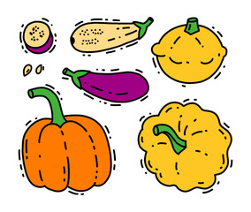 Set of vegetables. Vector doodle food illustration. Graphics and color. Eggplant, patisson, pumpkin for restaurant menu, site, banner