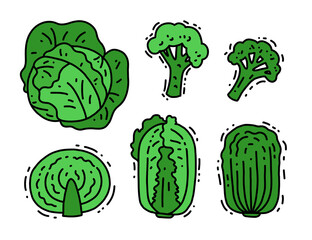 Set of green vegetables. Vegan healthy vegetables. Vector cartoon illustration of different types of cabbage