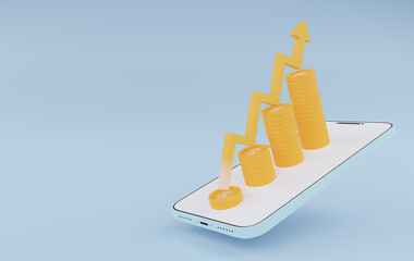 3d rendering of stacks of golden coins and gold arrow up on smartphone. financial growth. business success. business finance growth statistics trading. minimal cartoon.